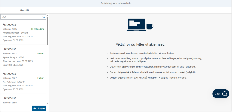 Bilder viser oversikt over tidligere sendte skjema
