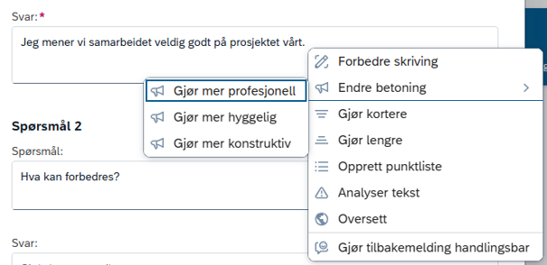 Bildet viser valg ved skriveassistent