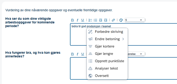 Bildet viser valg ved skriveassistent