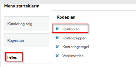 Menypunktet kontoplan ligger i menystien Felles – Kodeplan – Kontoplan