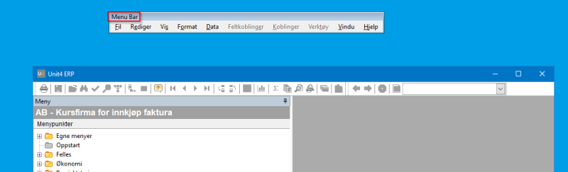 Verktøylinjen har lagt seg utenfor Unit4 ERP desktop. Tittellinjen ligger øverst i boksen for verktøylinjen.)
