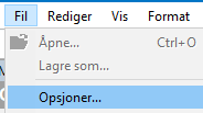 Fil ligger opp til venstre i Unit4 ERP desktop. Opsjoner er valg nummer tre i menyen som åpner seg når du trykker på Fil.)