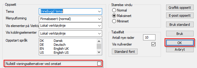 Nullstill visningsalternativer ved omstart kan krysses av for under Oppsett i boksen som åpner seg. Deretter er OK knappen valg nummer fire av knappene til høyre.)