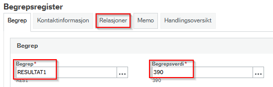 Begrep og begrepsverdi fylles inn, og så er Relasjoner knappen over feltet for begrep