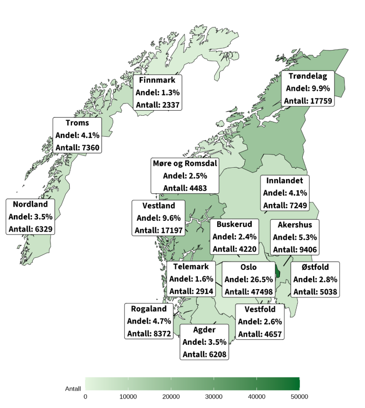 Figuren viser antall arbeidsforhold i statsforvaltningen per fylke, og andelen av alle arbeidsforhold i statsforvaltningen. 