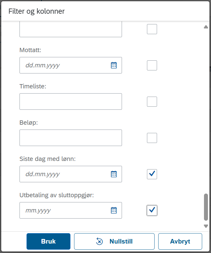 Bildet viser valg under filter og kolonner